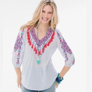 Chicos embroidered with tassels v neck top Sz 0 ( S)
